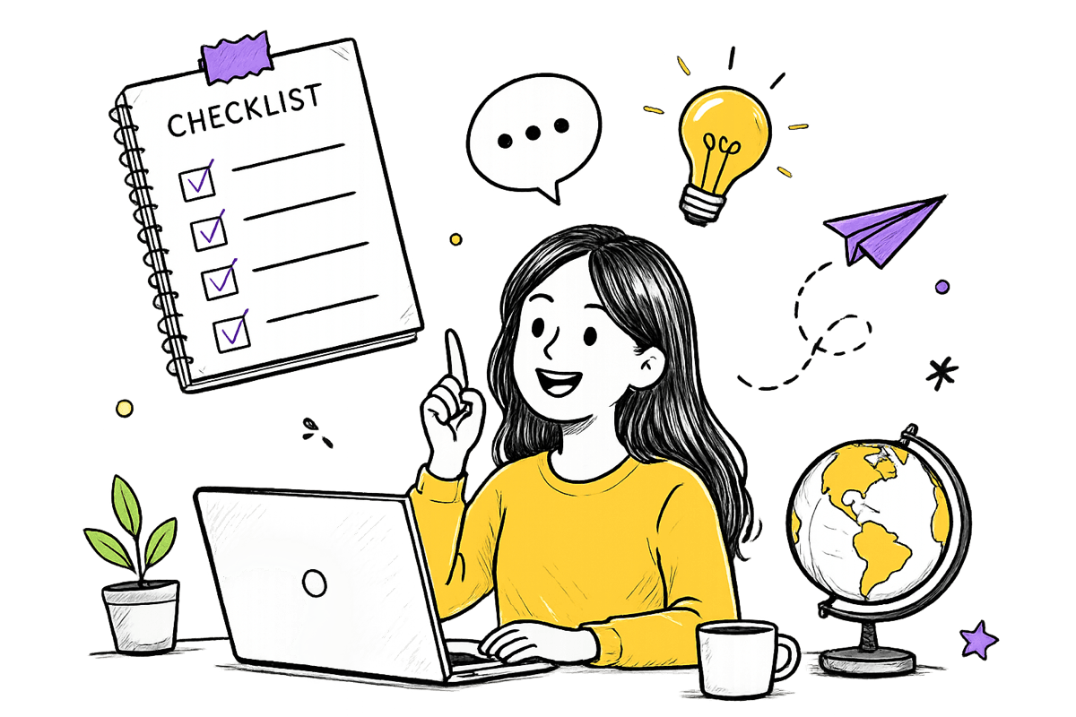 Ilustrasi seorang siswa di depan laptop sambil mengangkat telunjuk, dikelilingi checklist tahapan, bohlam ide, pesawat kertas, dan globe