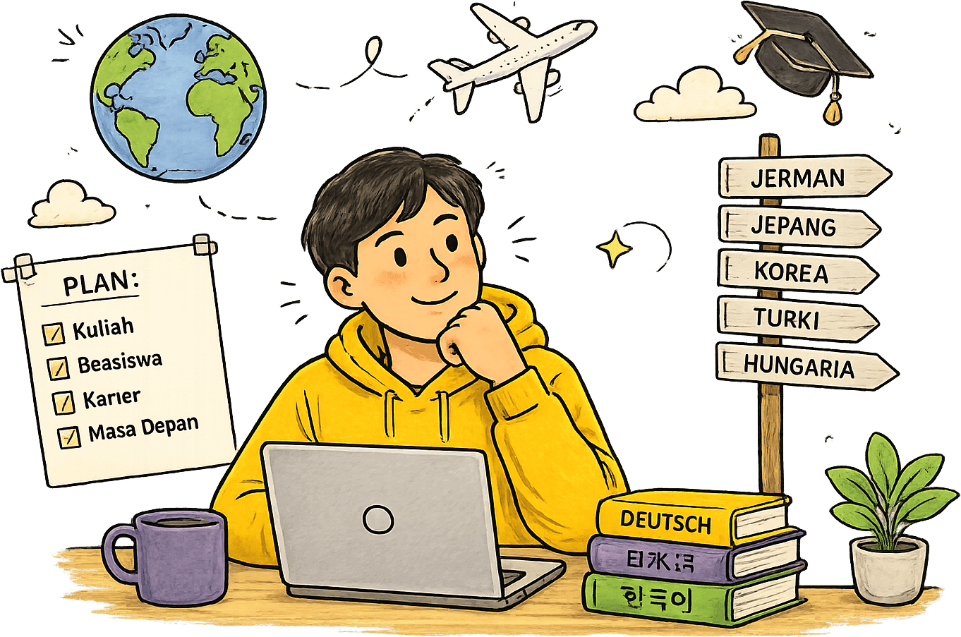 Ilustrasi seorang siswa di depan laptop, dikelilingi globe, pesawat, toga, papan penunjuk arah ke Jerman, Jepang, Korea, Turki, Hungaria, dan tumpukan buku bahasa